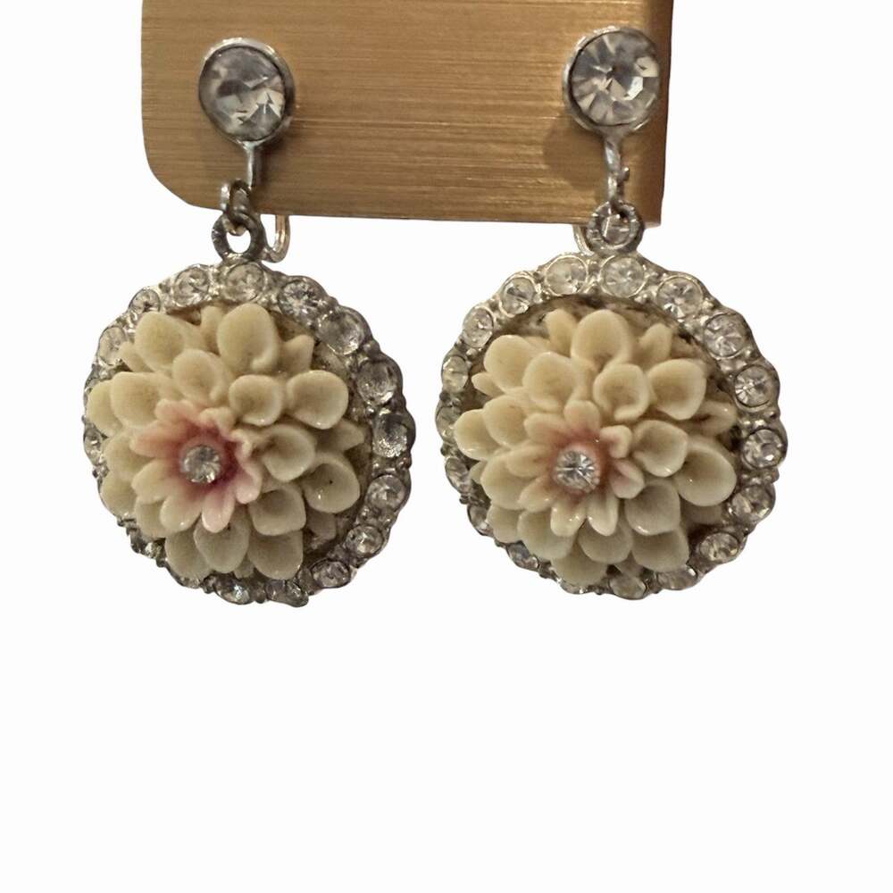 Vintage Celluloid Carnation Dangle Screw Back Earrings Rhinestone Halo & Stud